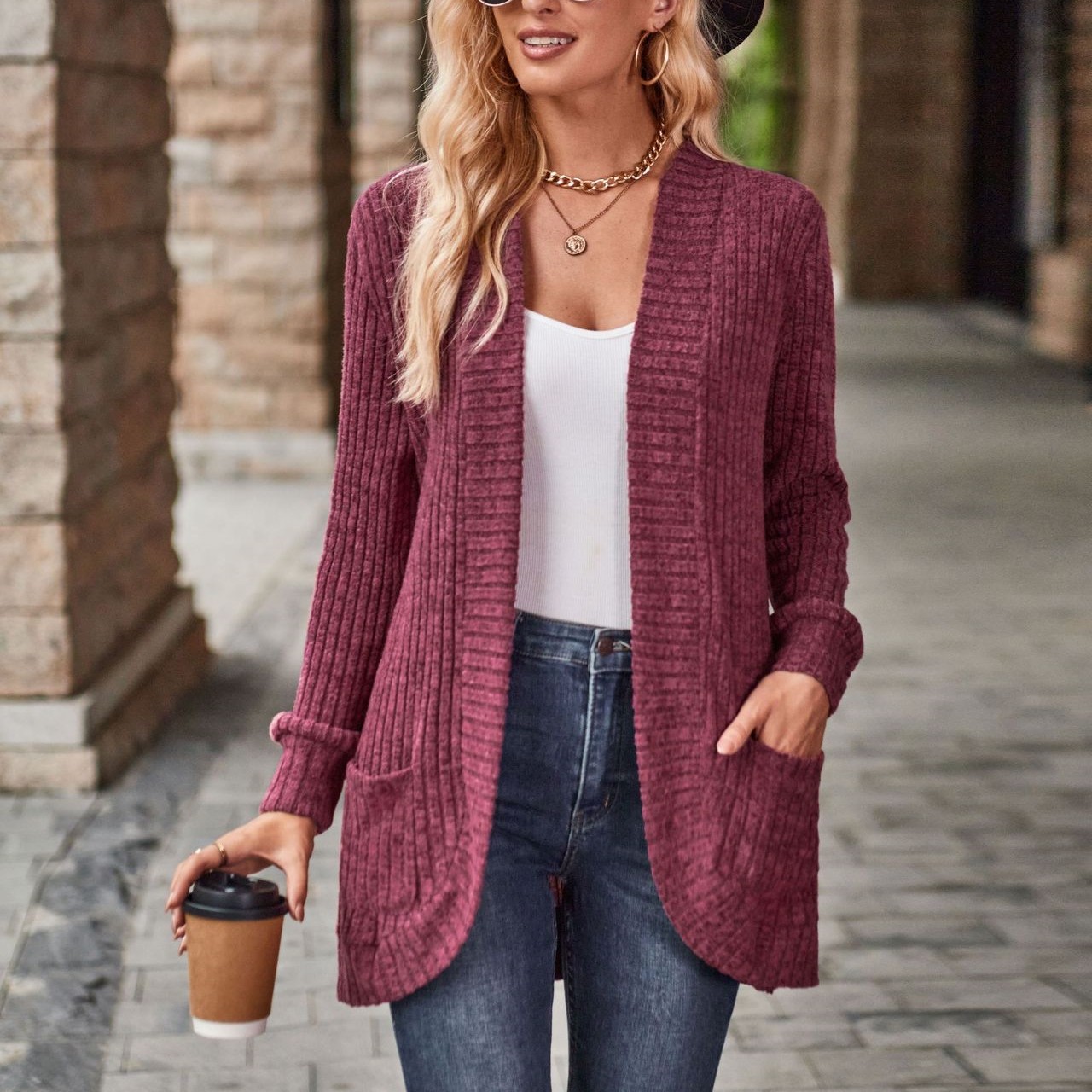 Autumn Solid Color Sunken Stripe Brushed Stitching Long Sleeve Cardigan ...