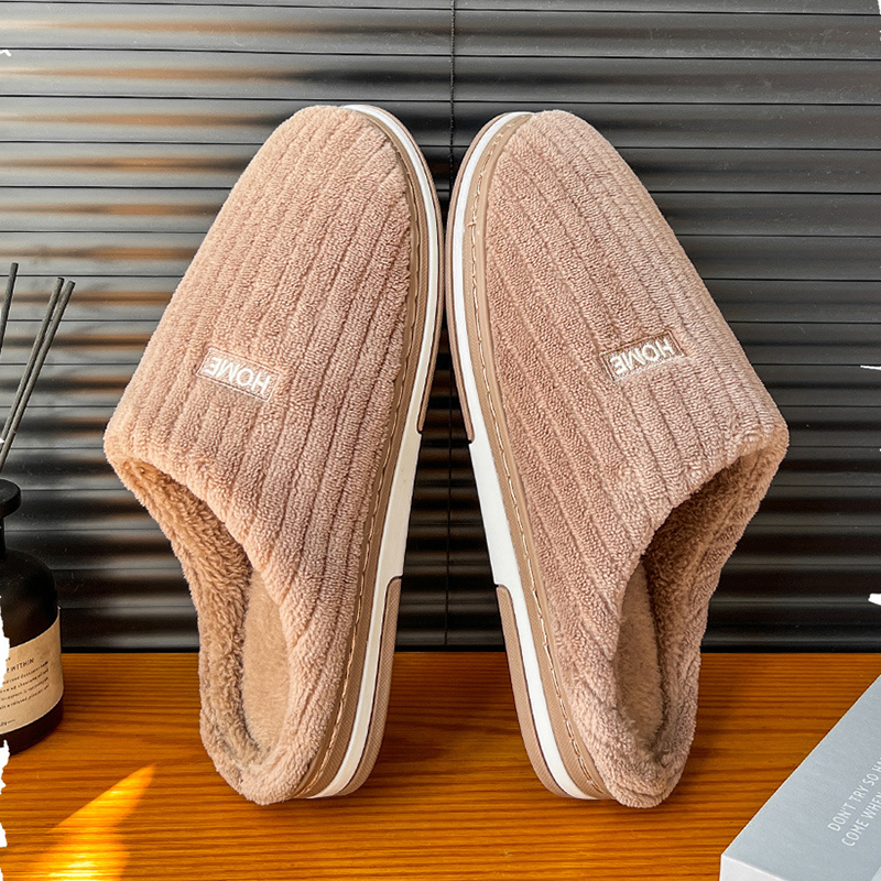Solid Color Simple Cotton Slippers Winter Non-slip Home Warm Plush Slippers  Household Indoor Couple Women's House Shoes - CJdropshipping