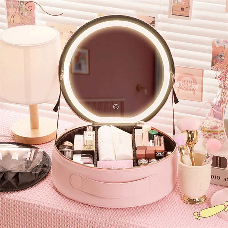Round Smart LED Makeup Bag With Mirror Lights Women Beauty Bag Large
