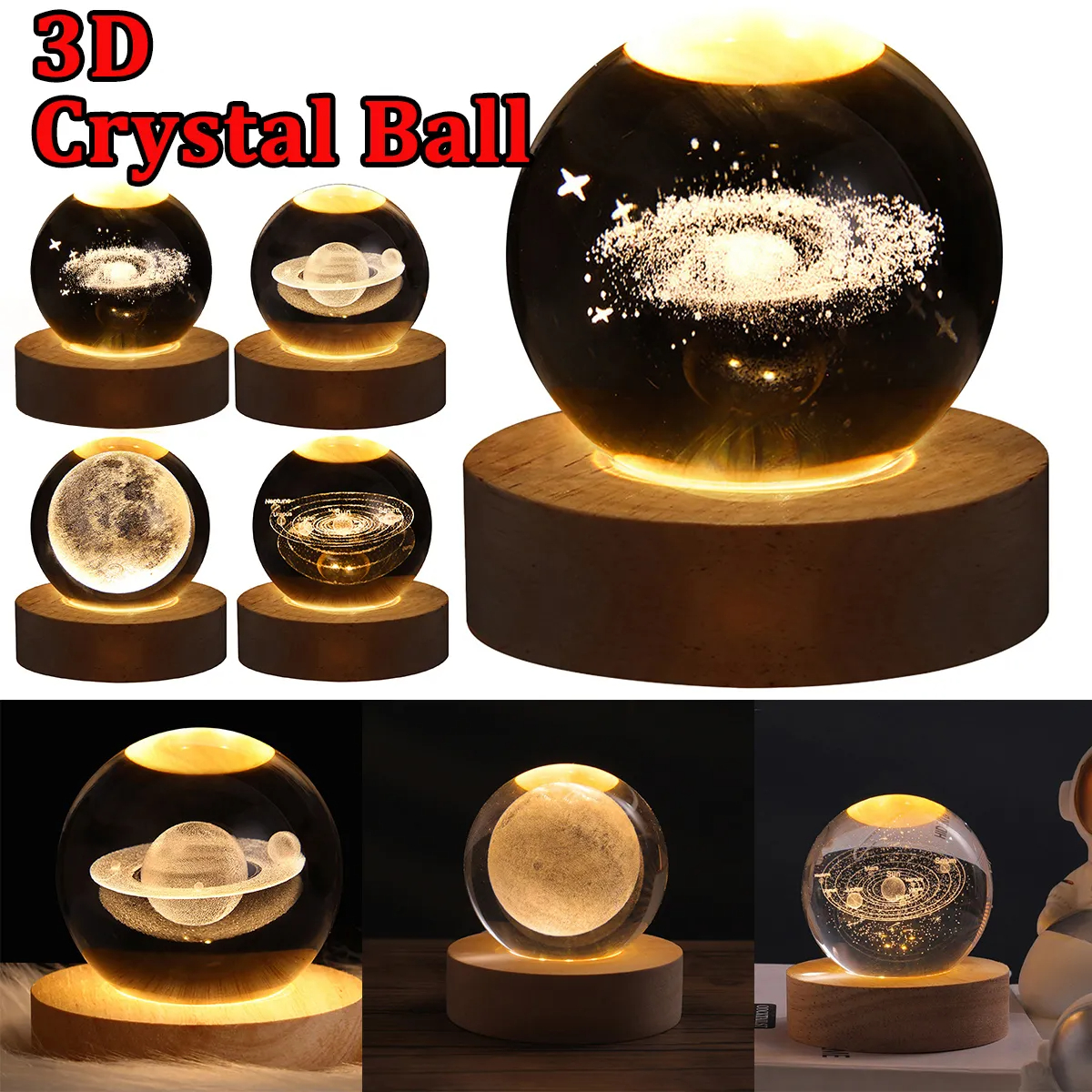 LED Night Light Galaxy Crystal Ball Table Lamp 3D Planet Moon Lamp Bedroom Home Decor For Kids Party Children Birthday Gifts Duplicated