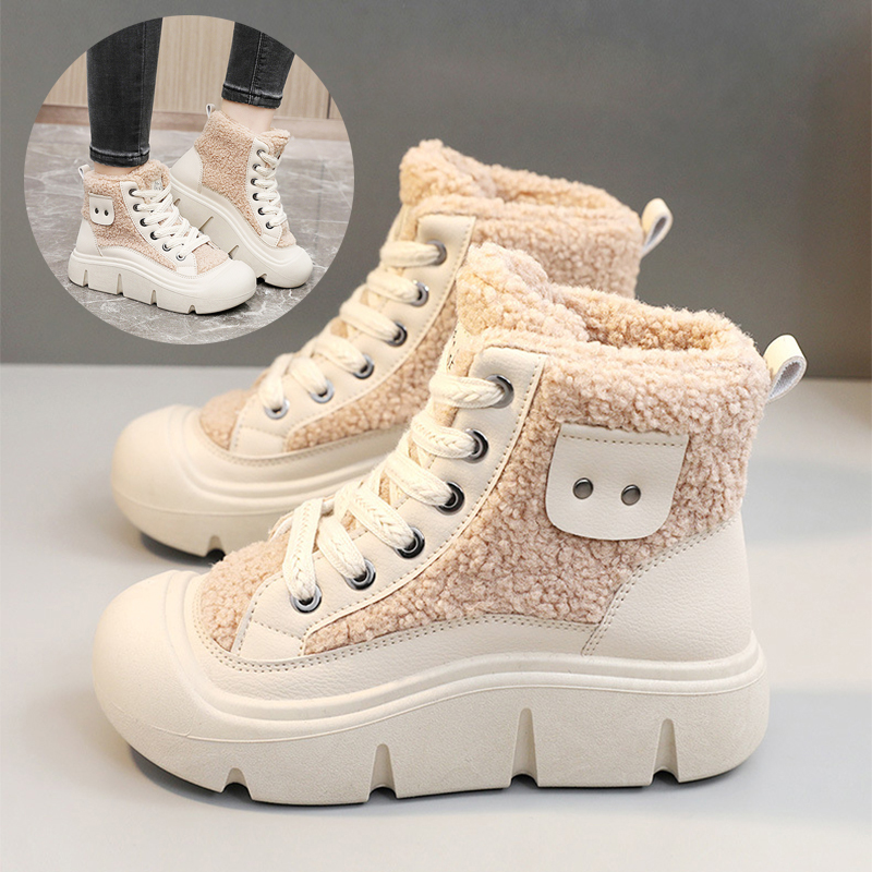 Lace-up High-top Flat Shoes For Women Winter Warm Cashmere Snow Boots ...