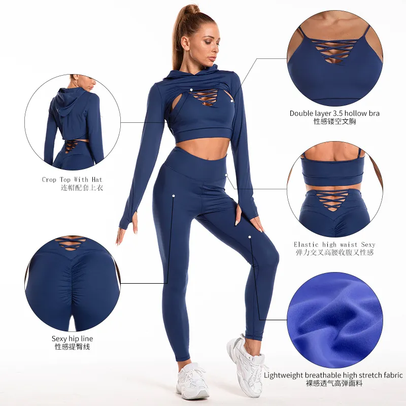 3pcs Sports Suits Long Sleeve Hooded Top Hollow Design Camisole And Butt  Lifting High Waist Seamless Fitness Leggings Sports Gym Outfits Clothing -  CJdropshipping