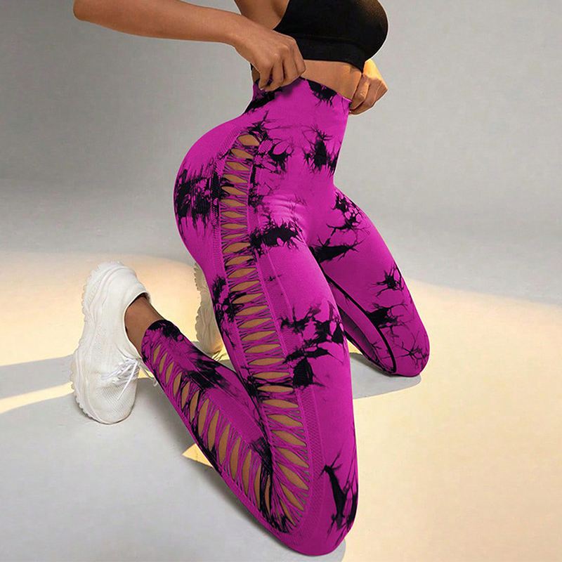 Wholesale Fashion Women Sports Yoga High Waist Tie Dye Print Ripped Hollow  Leggings Pants