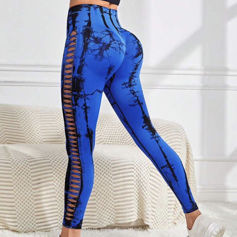 Seamless Tie Dye Yoga Sets Sports Fitness High Waist Hip Lifting Pants  Sling Bra Suit Workout Clothes Gym Leggings Set F size L Color Blue