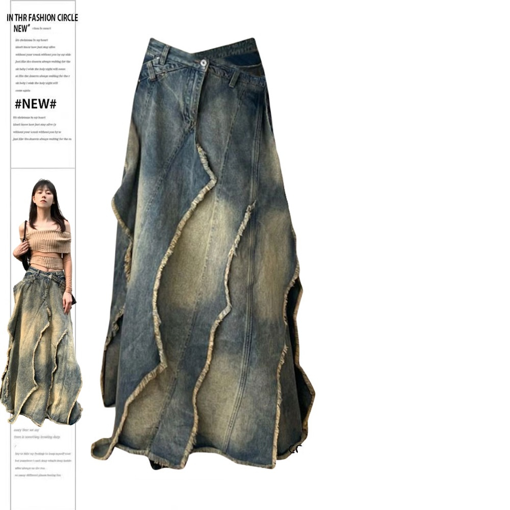 Plus Size Retro Y2g Irregular Lamination Cross Denim Long Skirts Female - Afbeelding 1 van 1