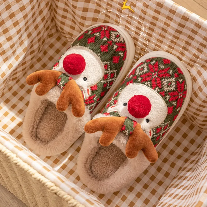 Cute Christmas Elk Plush Slippers Winter Ins Fashion Non-slip